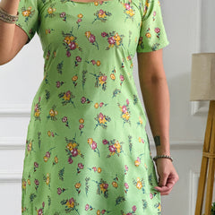 Lime Green Floral Cambric Cotton Kurti with Corset Back