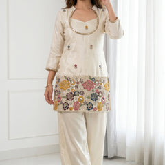 Ivory Cream Embroidered Kurta Set with Bustier & Palazzo for Women | Festive Ethnic Wear