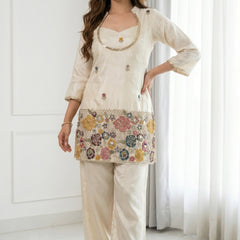 Ivory Cream Embroidered Kurta Set with Bustier & Palazzo for Women | Festive Ethnic Wear
