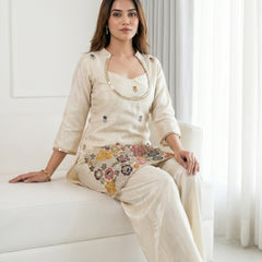Ivory Cream Embroidered Kurta Set with Bustier & Palazzo for Women | Festive Ethnic Wear