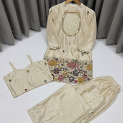 Ivory Cream Embroidered Kurta Set with Bustier & Palazzo for Women | Festive Ethnic Wear