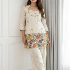 Ivory Cream Embroidered Kurta Set with Bustier & Palazzo for Women | Festive Ethnic Wear