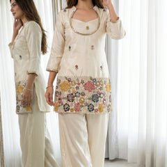 Ivory Cream Embroidered Kurta Set with Bustier & Palazzo for Women | Festive Ethnic Wear