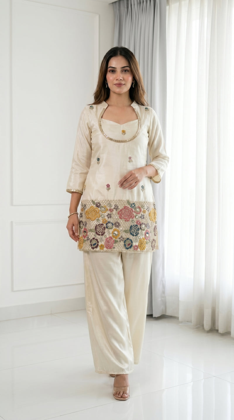 Ivory Cream Embroidered Kurta Set with Bustier & Palazzo for Women | Festive Ethnic Wear