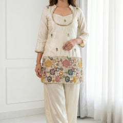 Ivory Cream Embroidered Kurta Set with Bustier & Palazzo for Women | Festive Ethnic Wear