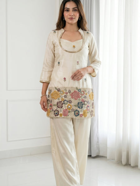 Ivory Cream Embroidered Kurta Set with Bustier & Palazzo for Women | Festive Ethnic Wear