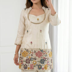 Ivory Cream Embroidered Kurta Set with Bustier & Palazzo for Women | Festive Ethnic Wear