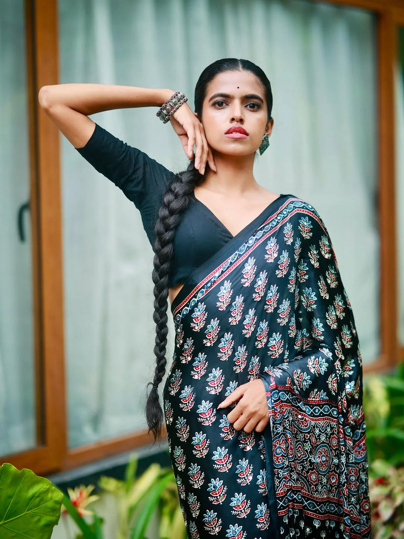 Midnight Black Pure Modal Silk Saree with Ajrakh Inspired Floral Print & Heritage Designer Pall