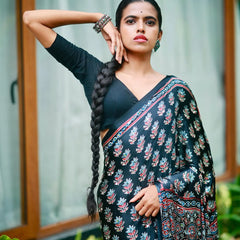 Midnight Black Pure Modal Silk Saree with Ajrakh Inspired Floral Print & Heritage Designer Pall