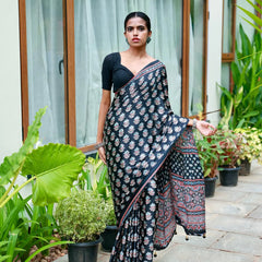 Midnight Black Pure Modal Silk Saree with Ajrakh Inspired Floral Print & Heritage Designer Pall