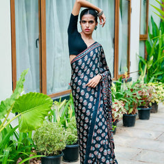 Midnight Black Pure Modal Silk Saree with Ajrakh Inspired Floral Print & Heritage Designer Pall