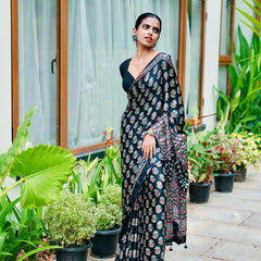 Midnight Black Pure Modal Silk Saree with Ajrakh Inspired Floral Print & Heritage Designer Pall