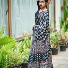Midnight Black Pure Modal Silk Saree with Ajrakh Inspired Floral Print & Heritage Designer Pall