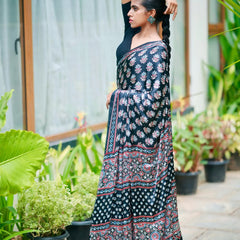 Midnight Black Pure Modal Silk Saree with Ajrakh Inspired Floral Print & Heritage Designer Pall