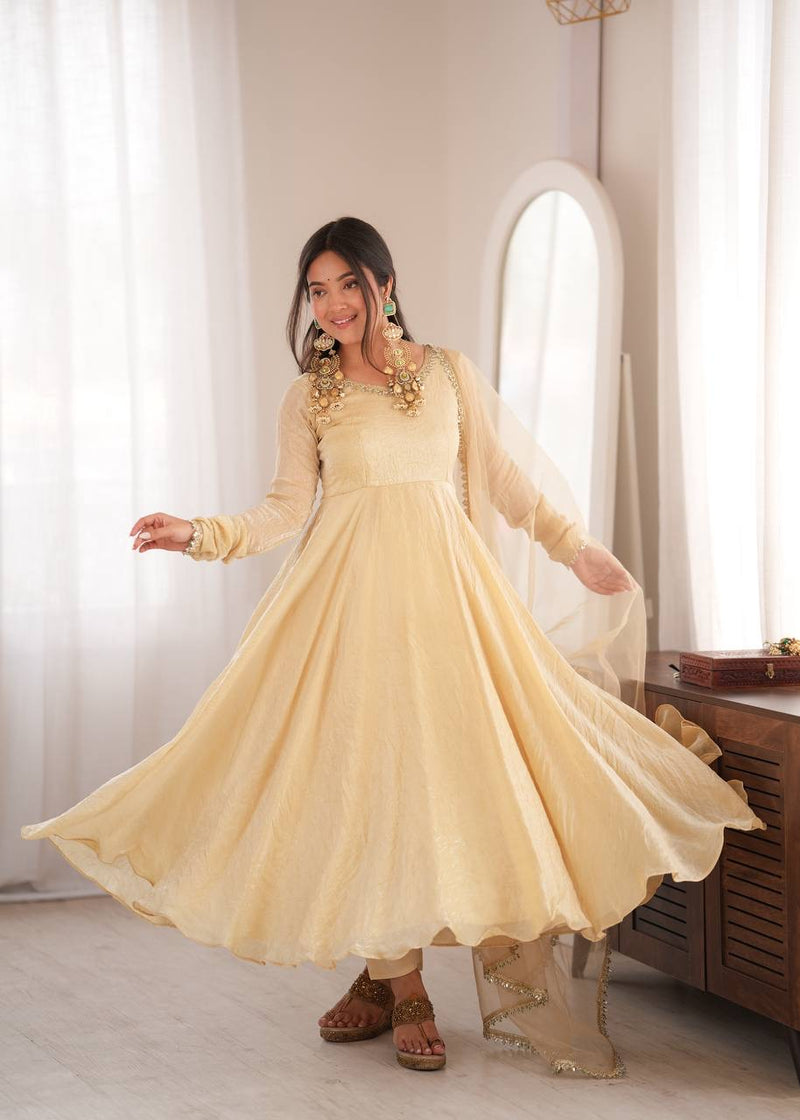 Ivory Mirror Work Flared Gown Set with Pant & Dupatta