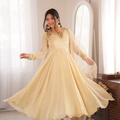 Ivory Mirror Work Flared Gown Set with Pant & Dupatta