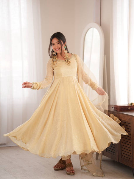 Ivory Mirror Work Flared Gown Set with Pant & Dupatta