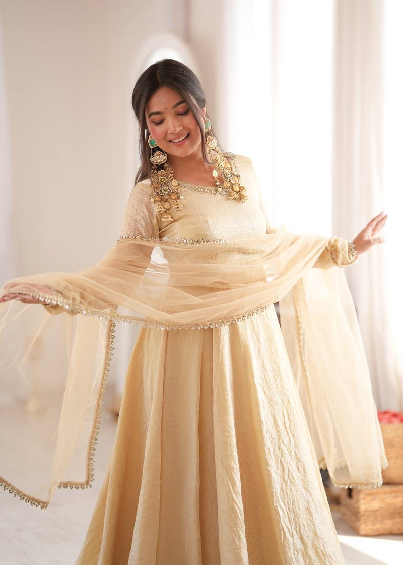 Ivory Mirror Work Flared Gown Set with Pant & Dupatta
