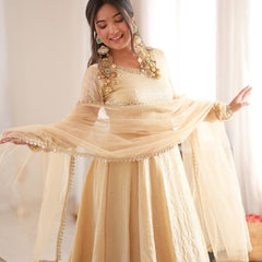 Ivory Mirror Work Flared Gown Set with Pant & Dupatta