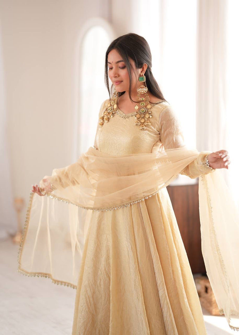 Ivory Mirror Work Flared Gown Set with Pant & Dupatta