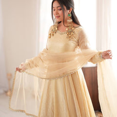 Ivory Mirror Work Flared Gown Set with Pant & Dupatta