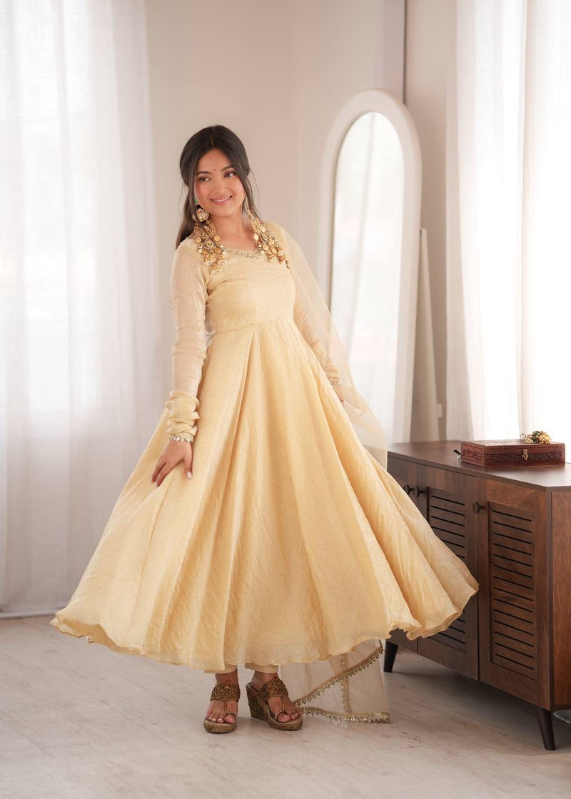Ivory Mirror Work Flared Gown Set with Pant & Dupatta