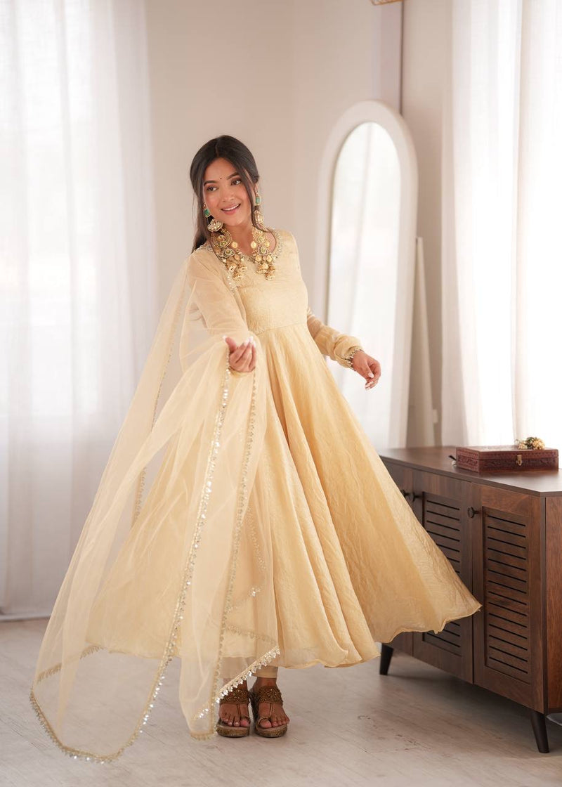 Ivory Mirror Work Flared Gown Set with Pant & Dupatta