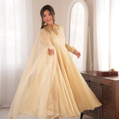 Ivory Mirror Work Flared Gown Set with Pant & Dupatta