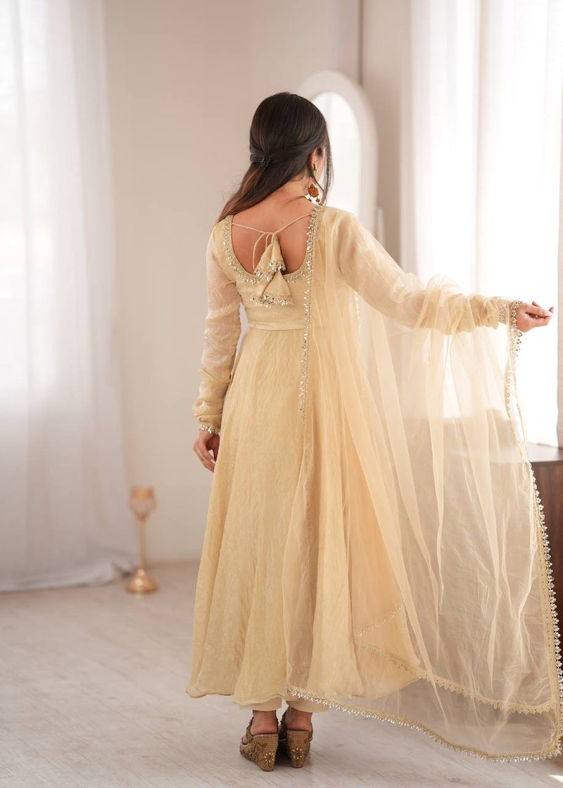 Ivory Mirror Work Flared Gown Set with Pant & Dupatta