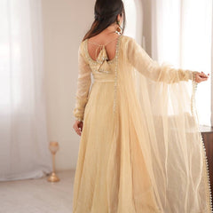 Ivory Mirror Work Flared Gown Set with Pant & Dupatta