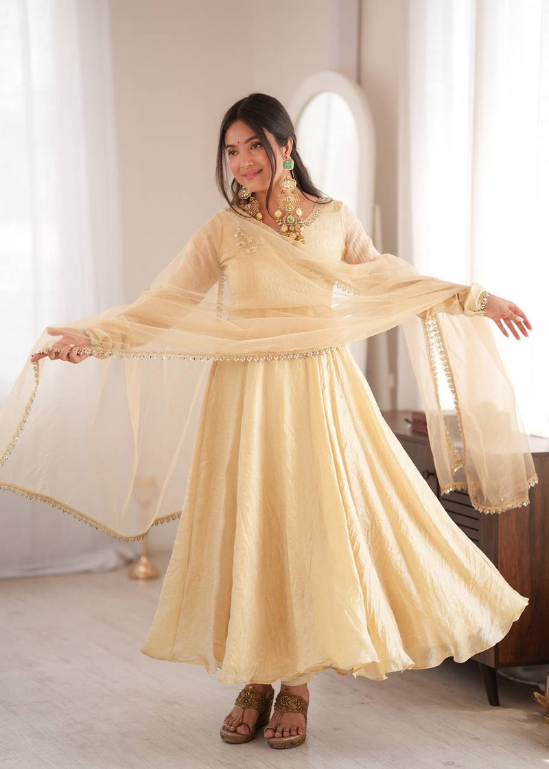 Ivory Mirror Work Flared Gown Set with Pant & Dupatta