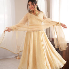 Ivory Mirror Work Flared Gown Set with Pant & Dupatta