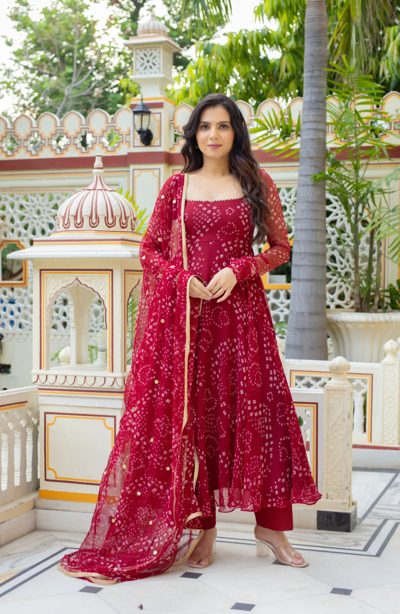 Women's Red Georgette 3-Piece Kurta Set with Lace Work & Dupatta
