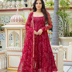 Women's Red Georgette 3-Piece Kurta Set with Lace Work & Dupatta