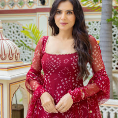 Women's Red Georgette 3-Piece Kurta Set with Lace Work & Dupatta