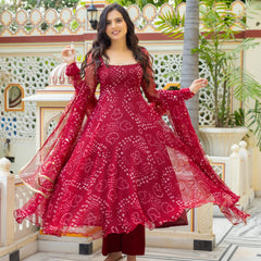 Women's Red Georgette 3-Piece Kurta Set with Lace Work & Dupatta