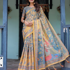 Mustard Blue Handloom Cotton Saree with Mudra Motifs & Goddess Saraswati Pallu