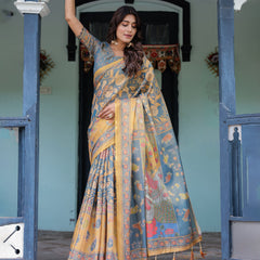 Mustard Blue Handloom Cotton Saree with Mudra Motifs & Goddess Saraswati Pallu