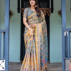 Mustard Blue Handloom Cotton Saree with Mudra Motifs & Goddess Saraswati Pallu