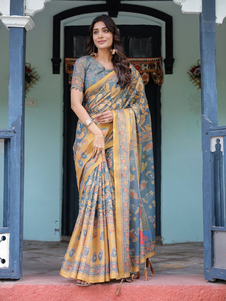 Mustard Blue Handloom Cotton Saree with Mudra Motifs & Goddess Saraswati Pallu