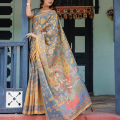 Mustard Blue Handloom Cotton Saree with Mudra Motifs & Goddess Saraswati Pallu