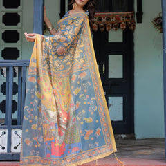 Mustard Blue Handloom Cotton Saree with Mudra Motifs & Goddess Saraswati Pallu