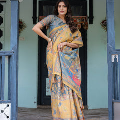 Mustard Blue Handloom Cotton Saree with Mudra Motifs & Goddess Saraswati Pallu