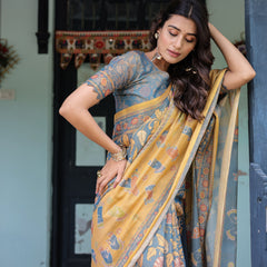 Mustard Blue Handloom Cotton Saree with Mudra Motifs & Goddess Saraswati Pallu