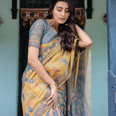 Mustard Blue Handloom Cotton Saree with Mudra Motifs & Goddess Saraswati Pallu