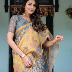 Mustard Blue Handloom Cotton Saree with Mudra Motifs & Goddess Saraswati Pallu