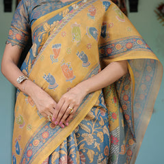 Mustard Blue Handloom Cotton Saree with Mudra Motifs & Goddess Saraswati Pallu