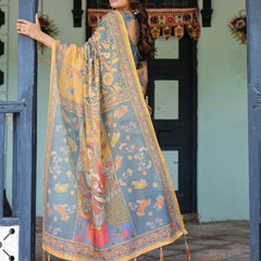 Mustard Blue Handloom Cotton Saree with Mudra Motifs & Goddess Saraswati Pallu