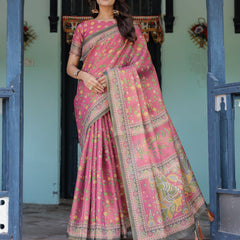 Rani Pink Handloom Cotton Saree with Yellow Floral Print & Royal Horse Pallu