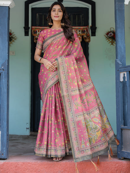 Rani Pink Handloom Cotton Saree with Yellow Floral Print & Royal Horse Pallu
